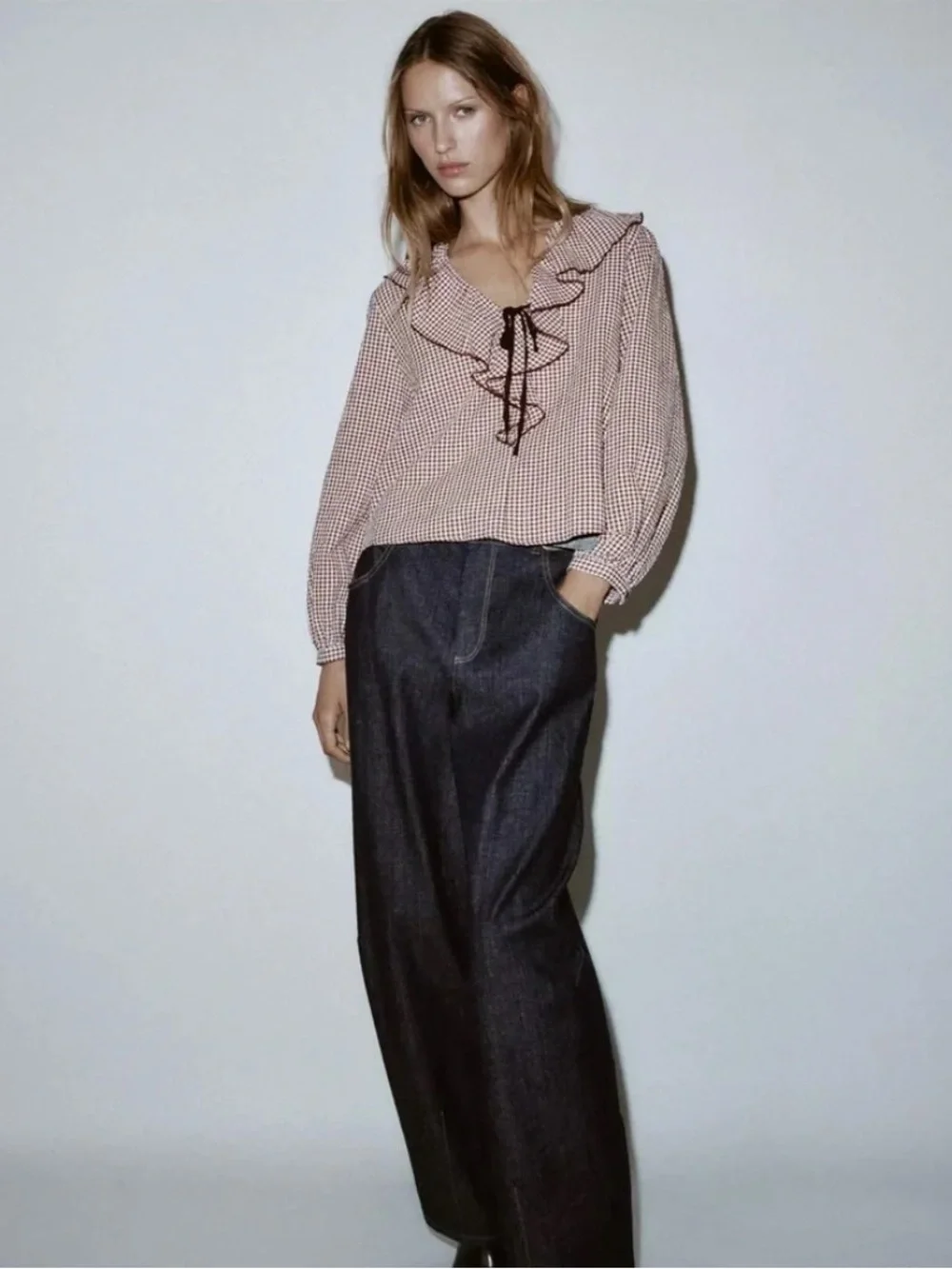 Zara Ruffle Gingham Blouse in Bordeaux & Ecru